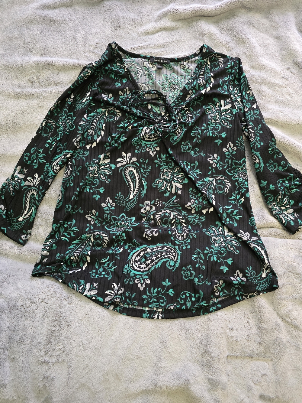 Sami & Jo Black Paisley V-Neck Blouse with Green Accents